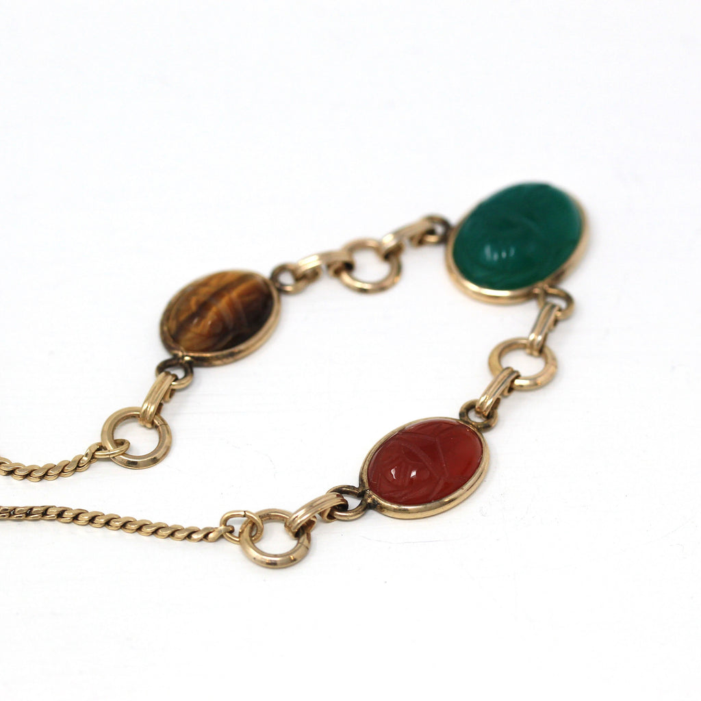 Vintage Scarab Necklace - Retro 12k Gold Filled Carved Genuine Gemstones - Circa 1960s Era Egyptian Revival Style Serpentine Chain Jewelry