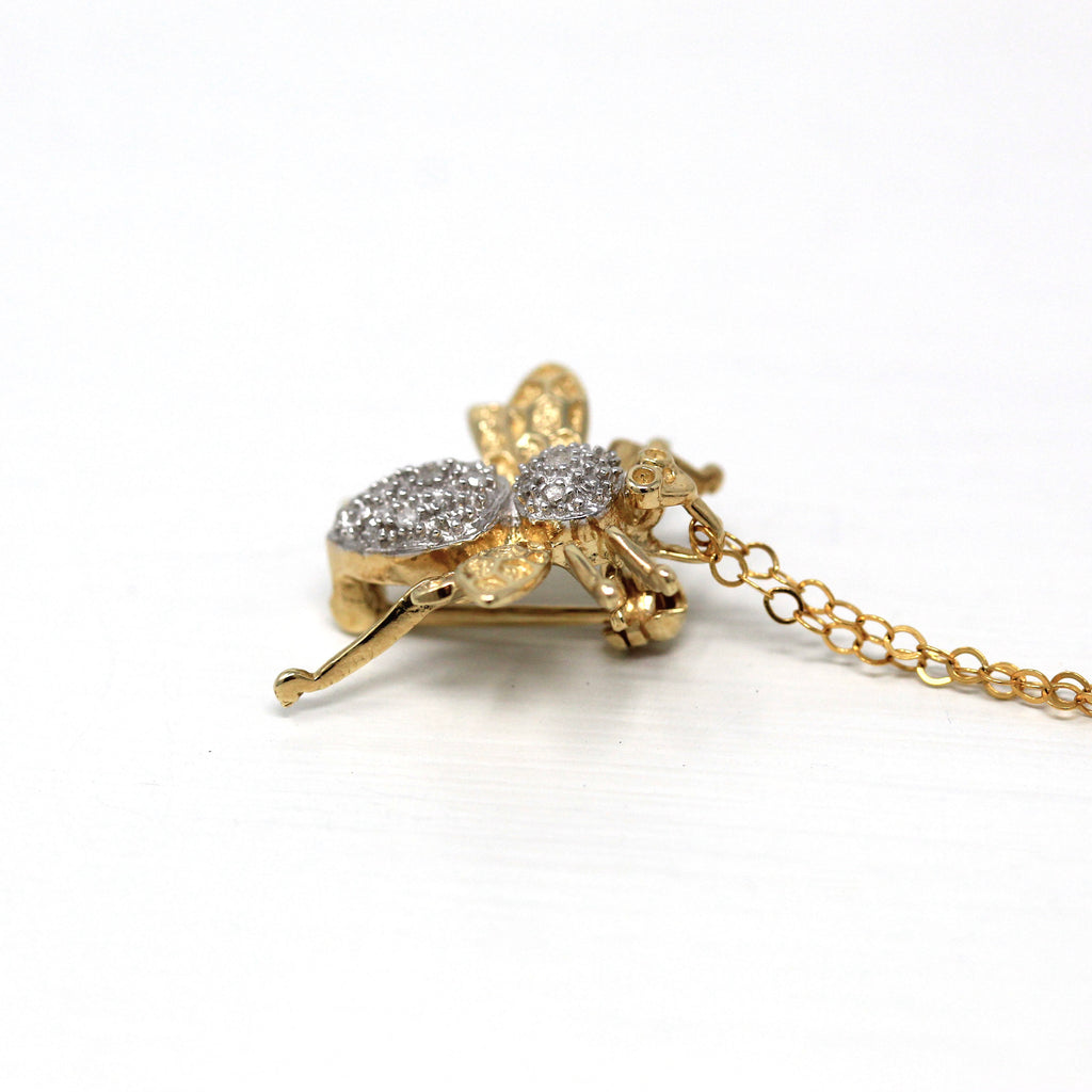 Estate Bug Pendant - Modern 10k Yellow & White Gold Genuine Diamond Brooch Necklace - Vintage Circa 1980s Era Flying Bee Insect Fine Jewelry