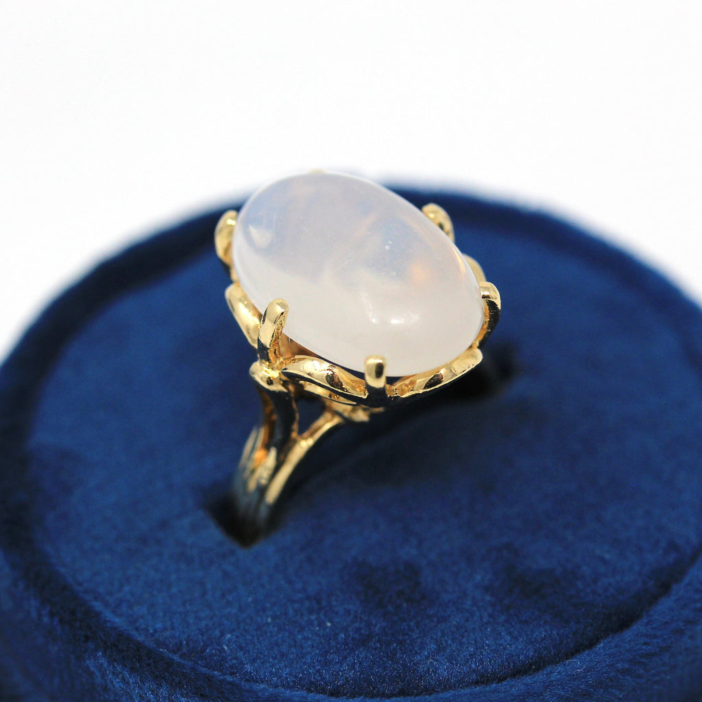 Genuine Moonstone Ring - Estate 14k Yellow Gold Oval Cabochon Cut 9.6 Carat Gem - Circa 1980s Size 7 3/4 Statement 80s Gemstone Fine Jewelry