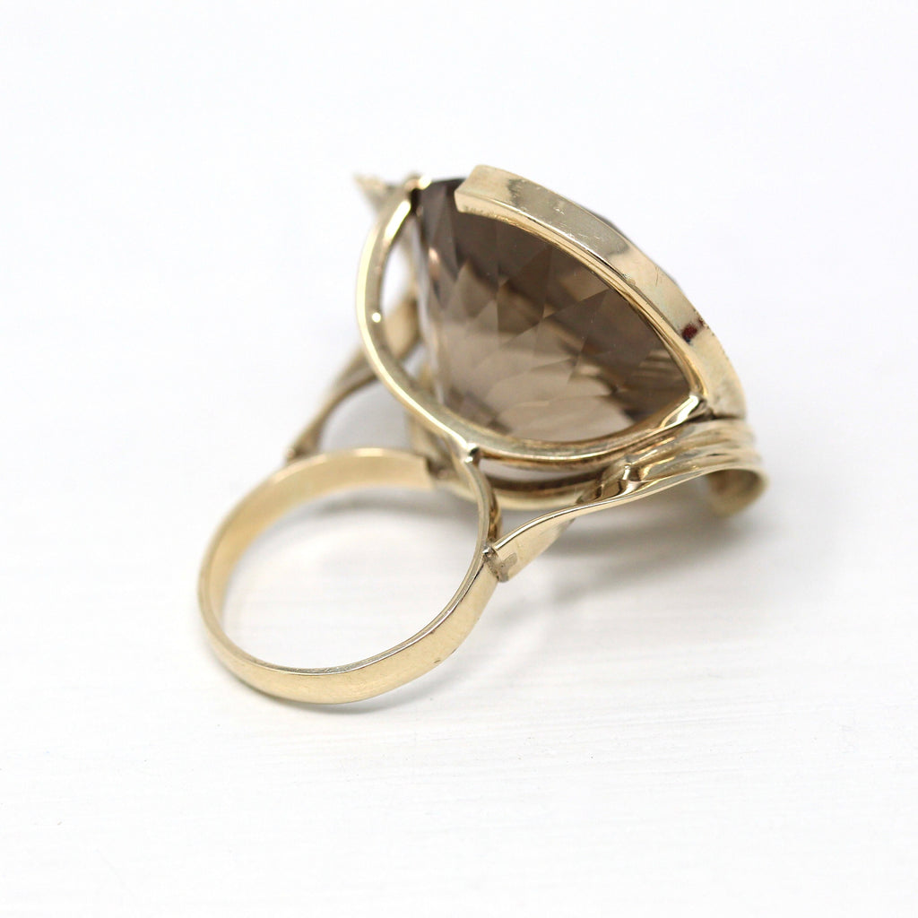 Smoky Quartz Ring - Modernist Style 14k Yellow Gold Round Faceted 30.64 CT Brown Gem - Vintage Circa 1980s Size 5 1/4 Statement 80s Jewelry