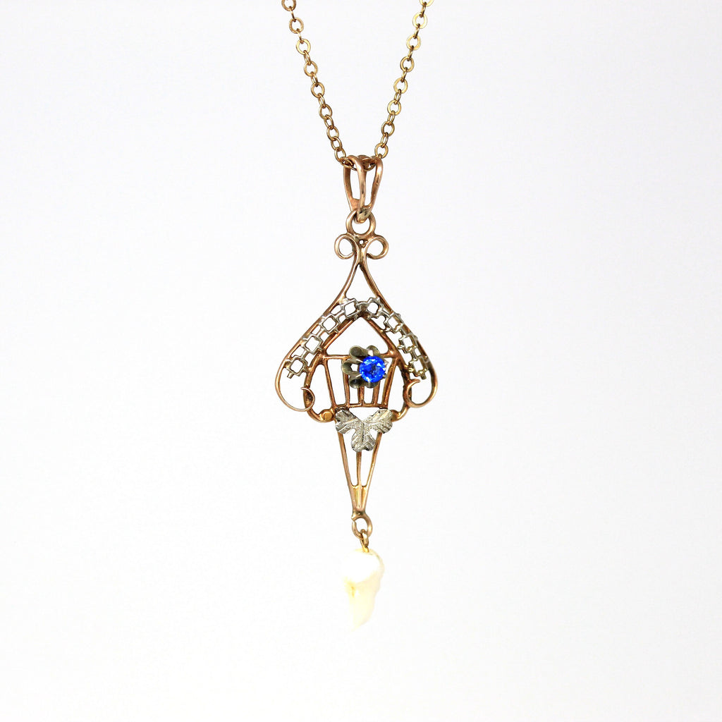 Antique Lavalier Necklace - Edwardian 10k Yellow Gold Baroque Pearl Pendant - Circa 1910s Era Simulated Sapphire Blue Glass Fine Jewelry