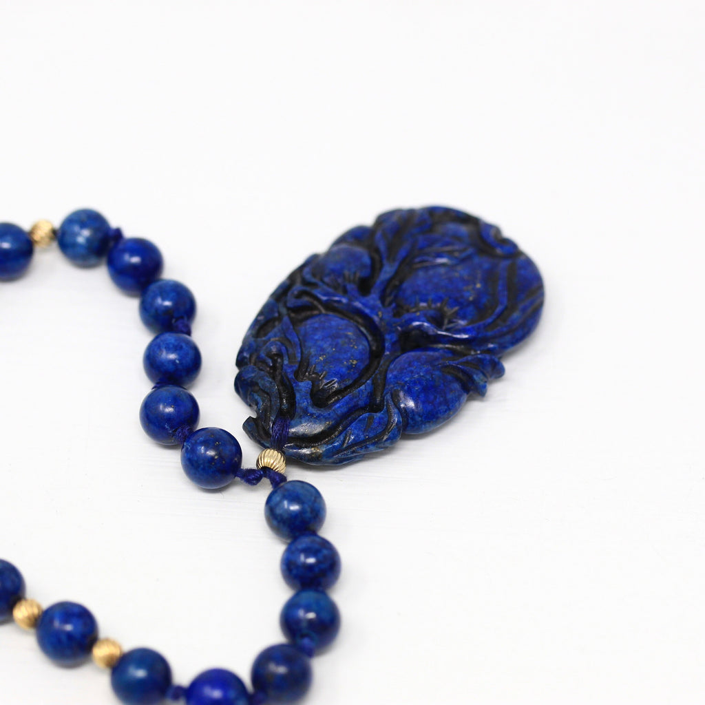 Lapis Lazuli Necklace - Retro 14k Yellow Gold Genuine Blue Bead Gems Fish Hook Clasp - Vintage Circa 1960s Carved Flower Fruit Fine Jewelry