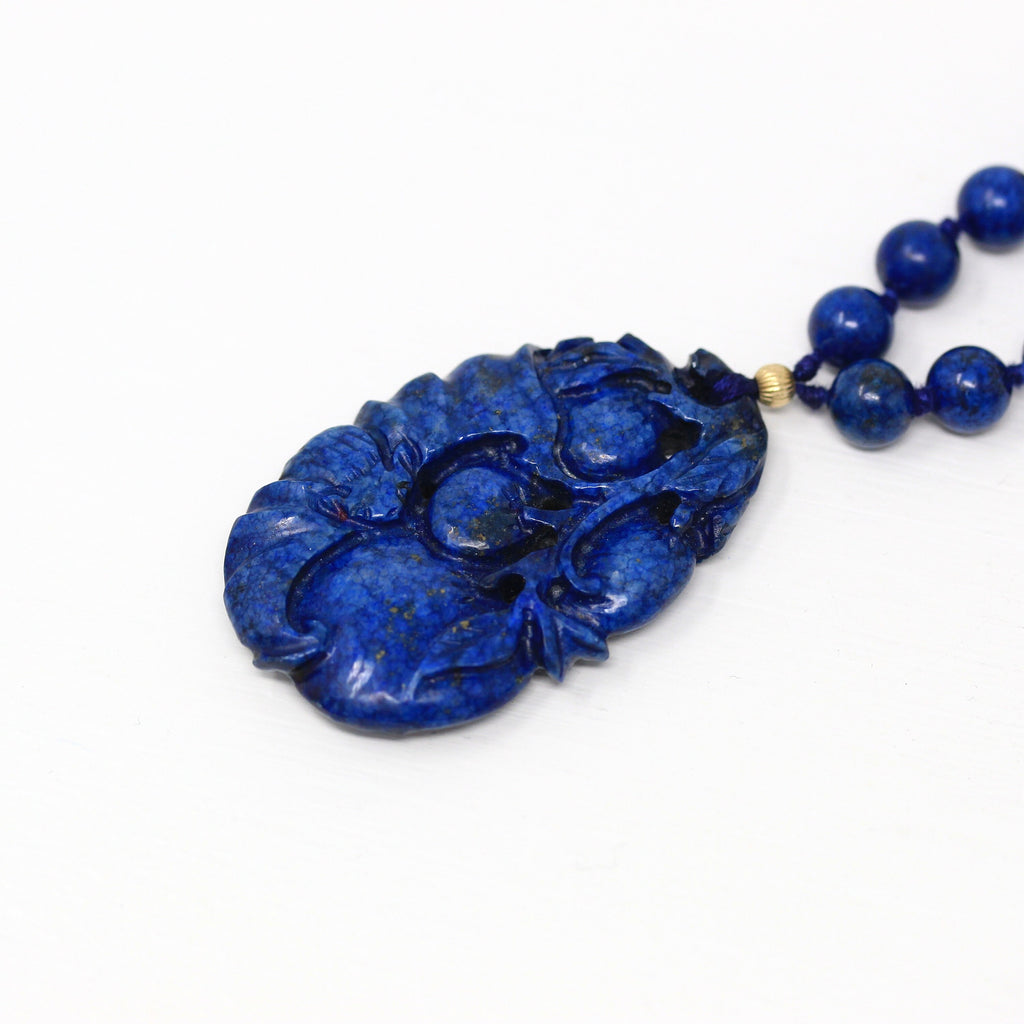 Lapis Lazuli Necklace - Retro 14k Yellow Gold Genuine Blue Bead Gems Fish Hook Clasp - Vintage Circa 1960s Carved Flower Fruit Fine Jewelry