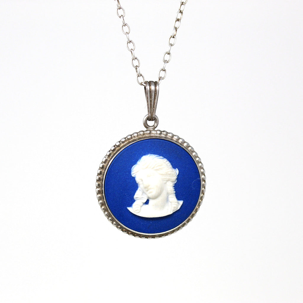 Vintage Wedgwood Pendant - Sterling Silver Blue Jasperware Necklace - Circa 1980s Era Greek Mythology Cameo England Hallmarks Jewelry
