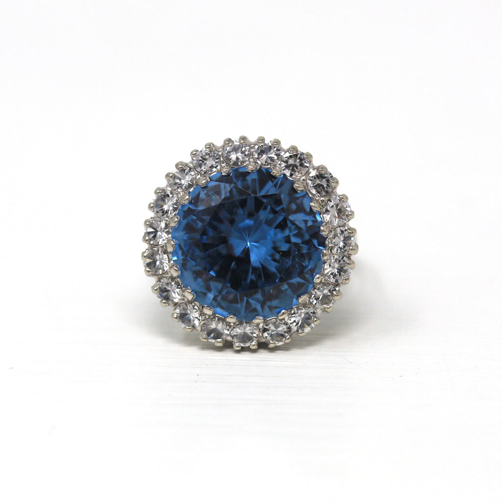 Created Spinel Ring - Mid Century Era 14k White Gold Blue Hued 9.66 CT Stone - Vintage Circa 1950s Era Size 6 Cocktail Statement 50s Jewelry