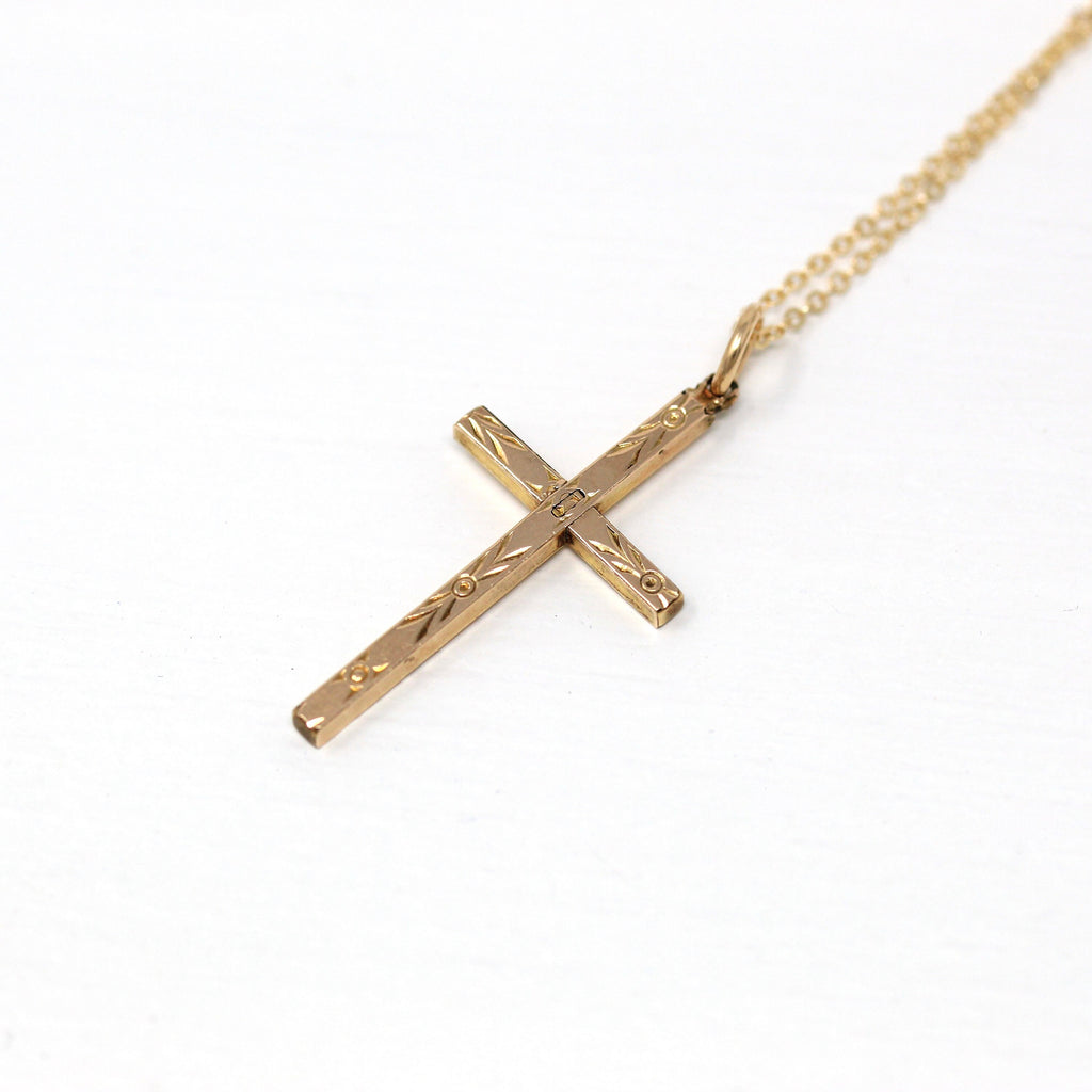 Vintage Cross Pendant - Retro 12k Gold Filled Engraved Flower Designs Necklace - Circa 1940s Era Religious Faith Fashion Accessory Jewelry