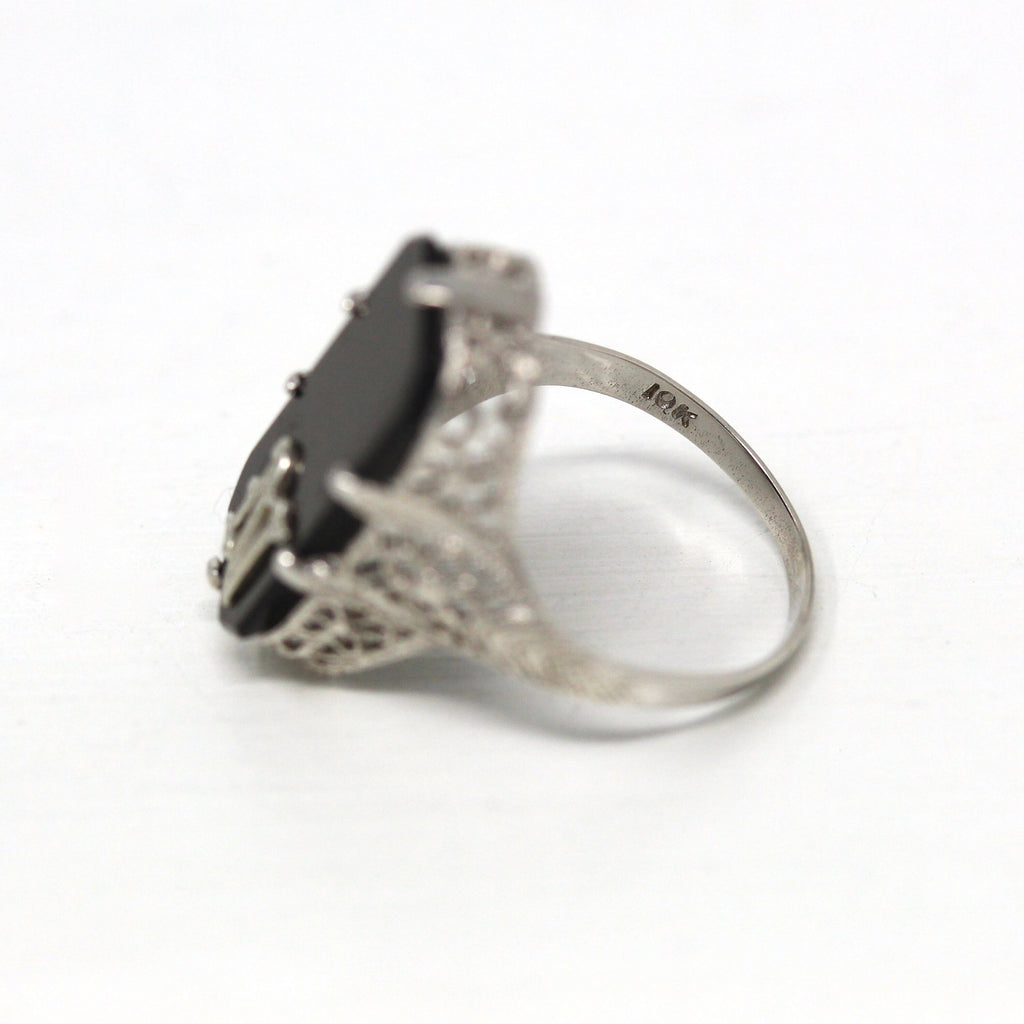 Letter "N" Ring - Art Deco 10k White Gold Genuine Black Onyx Old English - Patented February 23rd 1926 Size 4 1/4 Statement Fine Jewelry