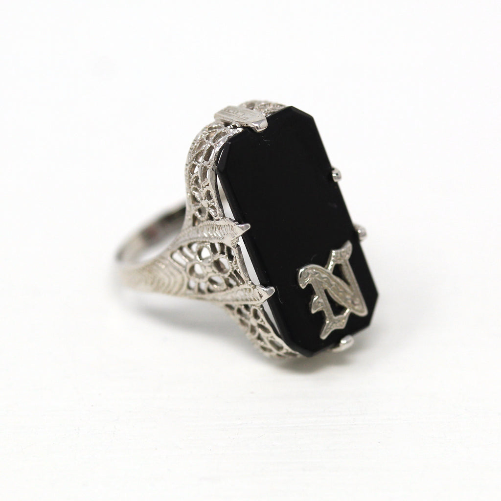 Letter "N" Ring - Art Deco 10k White Gold Genuine Black Onyx Old English - Patented February 23rd 1926 Size 4 1/4 Statement Fine Jewelry