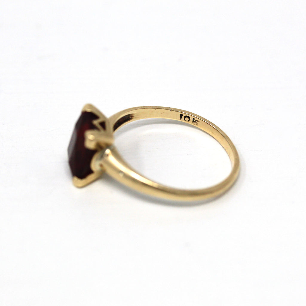 Created Ruby Ring - Retro 10k Yellow Gold Emerald Cut 2.20 CT Red Stone - Vintage Circa 1940s Era Size 5 July Birthstone Fine 40s Jewelry