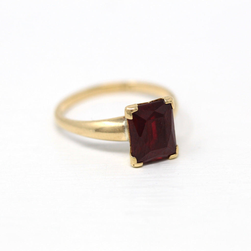 Created Ruby Ring - Retro 10k Yellow Gold Emerald Cut 2.20 CT Red Stone - Vintage Circa 1940s Era Size 5 July Birthstone Fine 40s Jewelry
