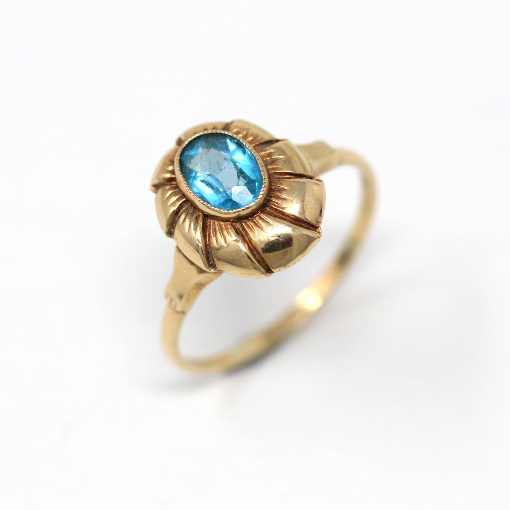 Simulated Zircon Ring - Retro 10k Yellow Gold Oval Faceted Blue Glass Stone - Vintage Circa 1940s Era Size 10 1/2 Statement Fan Fine Jewelry