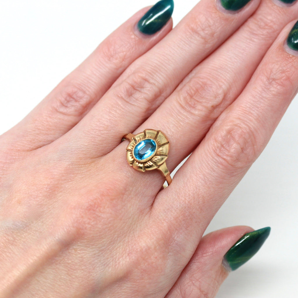 Simulated Zircon Ring - Retro 10k Yellow Gold Oval Faceted Blue Glass Stone - Vintage Circa 1940s Era Size 10 1/2 Statement Fan Fine Jewelry