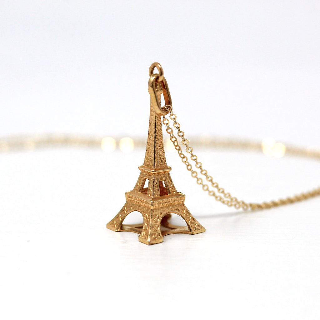 Eiffel Tower Charm - Estate 14k Yellow Gold Figural Paris Souvenir Pendant Necklace - Modern La Dame De Fer Wrought Iron Lattice Jewelry