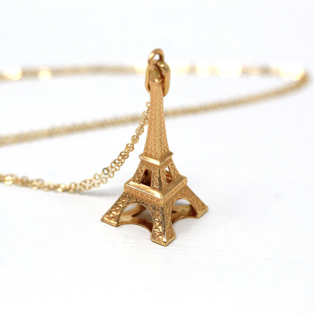 Eiffel Tower Charm - Estate 14k Yellow Gold Figural Paris Souvenir Pendant Necklace - Modern La Dame De Fer Wrought Iron Lattice Jewelry