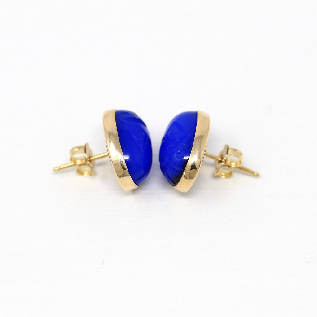 Vintage Scarab Earrings - Retro 14k Yellow Gold Carved Genuine Blue Chalcedony Gem - Circa 1960s Era Egyptian Revival Style Beetle Jewelry