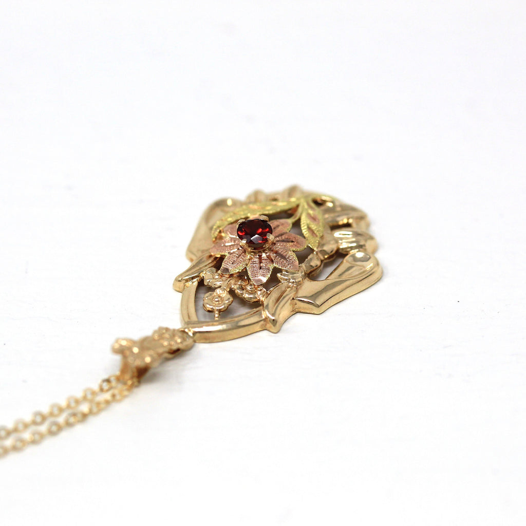 Genuine Garnet Necklace - Retro 10k Yellow Gold Red .18 CT Gemstone Pendant - Vintage Circa 1940s Era Rose Gold Flower Esemco Fine Jewelry