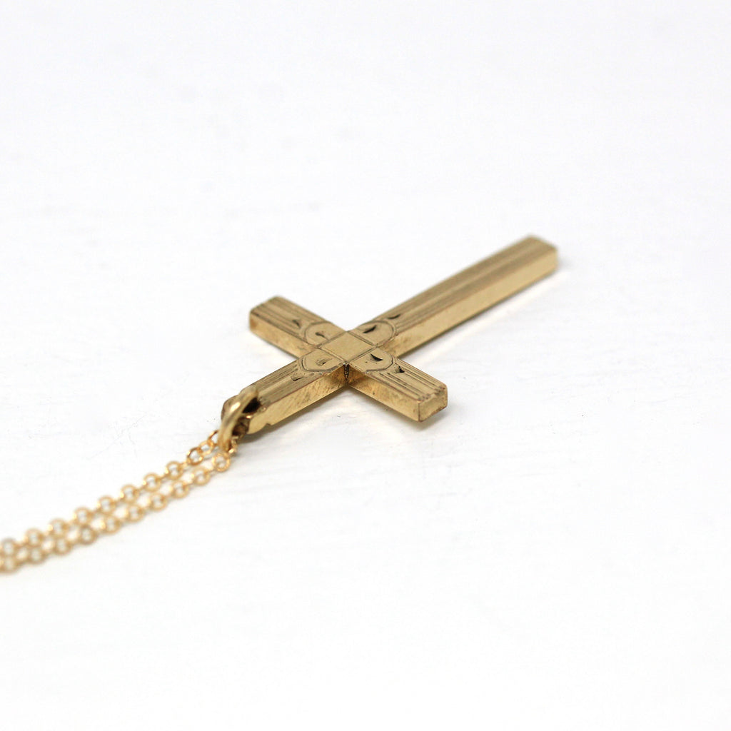 Vintage Cross Necklace - Retro 12k Gold Filled Engraved Designs Pendant Charm - Circa 1940s Era Religious Faith Carl Art 40s Jewelry