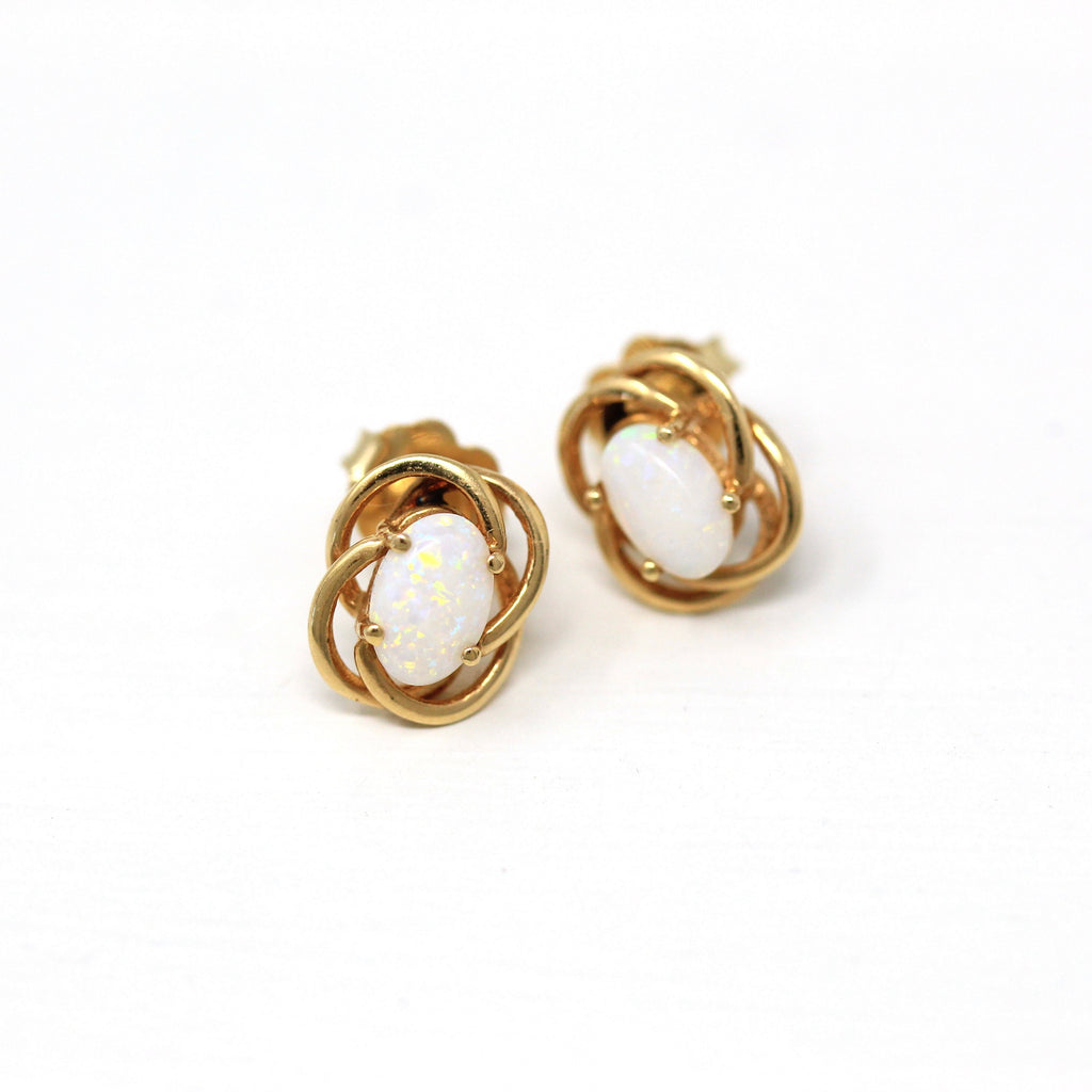 Genuine Opal Earrings - Modern 14k Yellow Gold Oval Cabochon Cut .54 CTW Gem Studs - Estate Circa 2000's Era October Birthstone Fine Jewelry