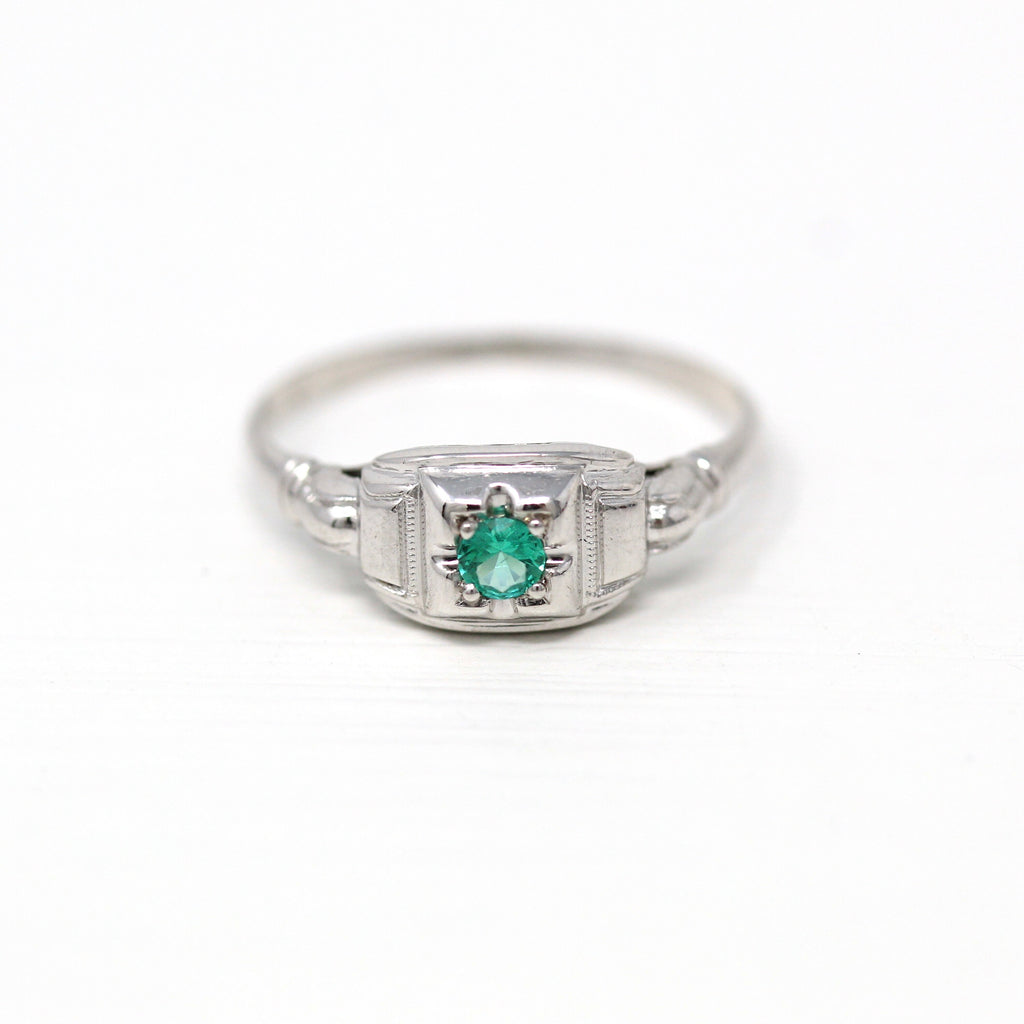 Genuine Emerald Ring - Mid Century 14k White Gold Round Faceted .07 CT Green Gemstone - Vintage Circa 1950s Era Size 6 Fine 50s Gem Jewelry
