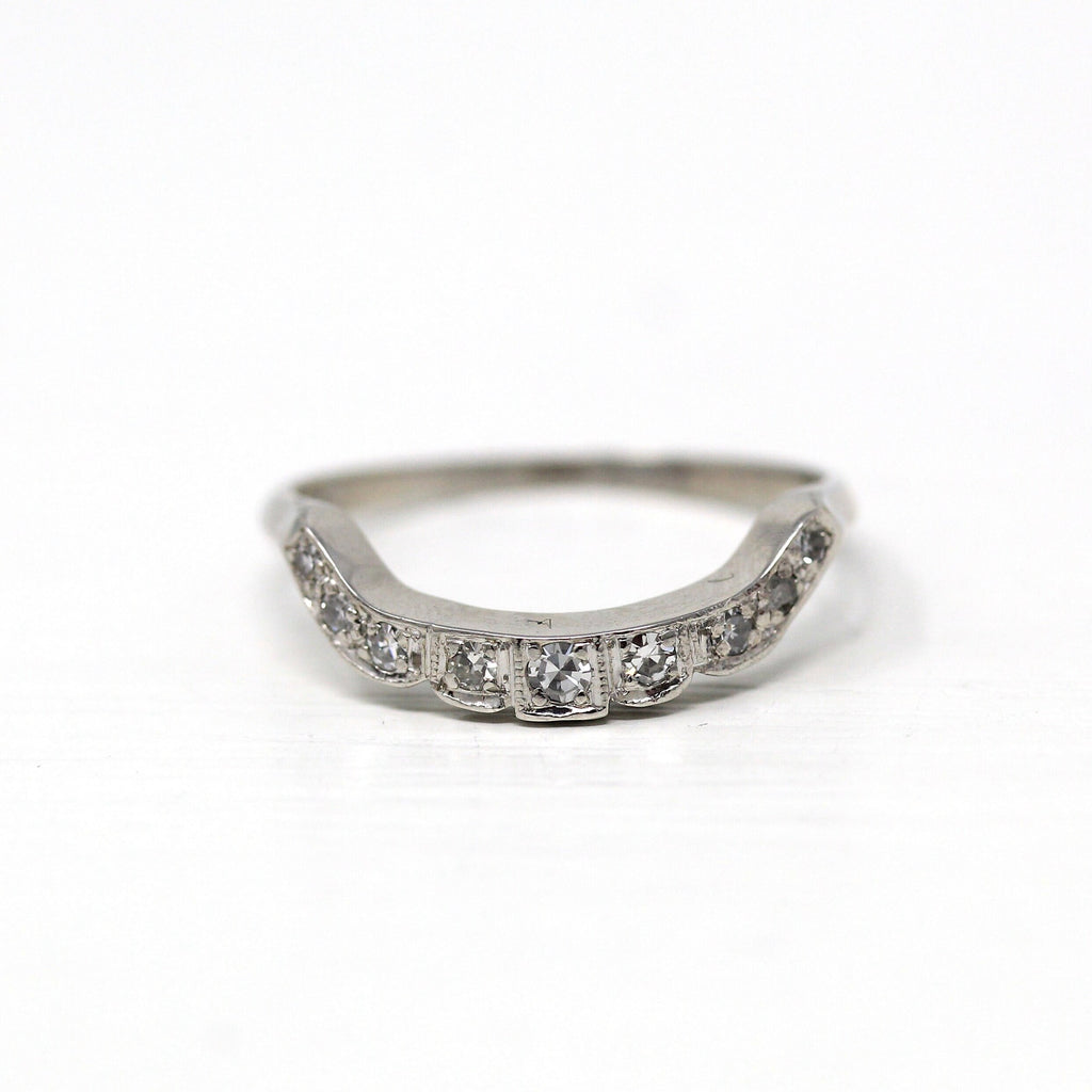 Curved Diamond Band - Mid Century Platinum Genuine Single Cut Diamonds Ring Enhancer - Vintage Circa 1950s Era Size 6 3/4 Engagement Jewelry