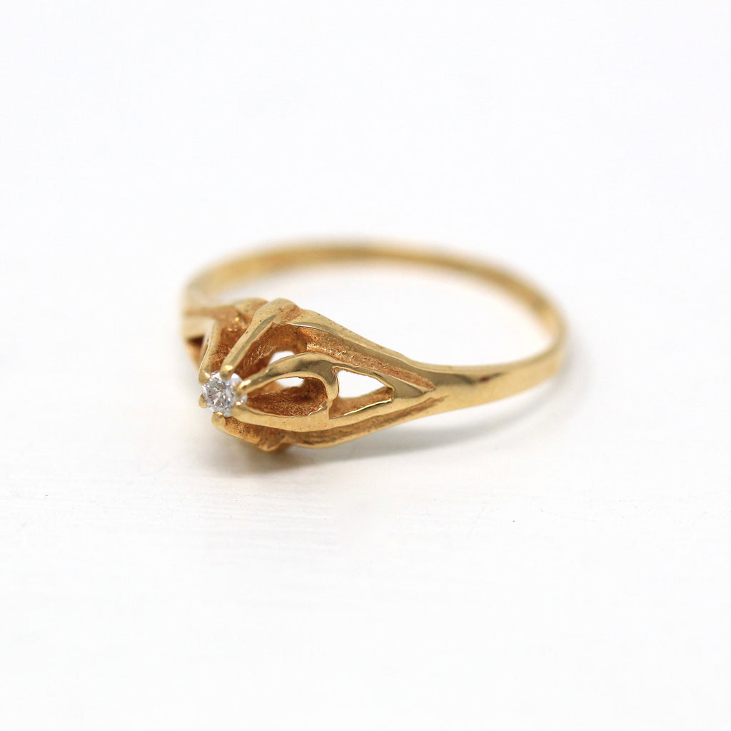 Genuine Diamond Ring - Retro 14k Yellow Gold Round Faceted .02 CT Gem - Vintage Circa 1970s Era Size 4 1/2 April Birthstone Fine 70s Jewelry