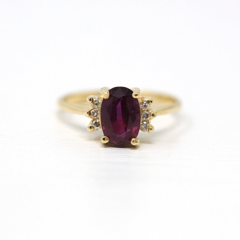 Ruby & Diamond Ring - Estate 14k Yellow Gold Oval Faceted 1.40 CT Gemstone - Vintage Circa 1990s Era Size 5 1/2 July Birthstone Fine Jewelry