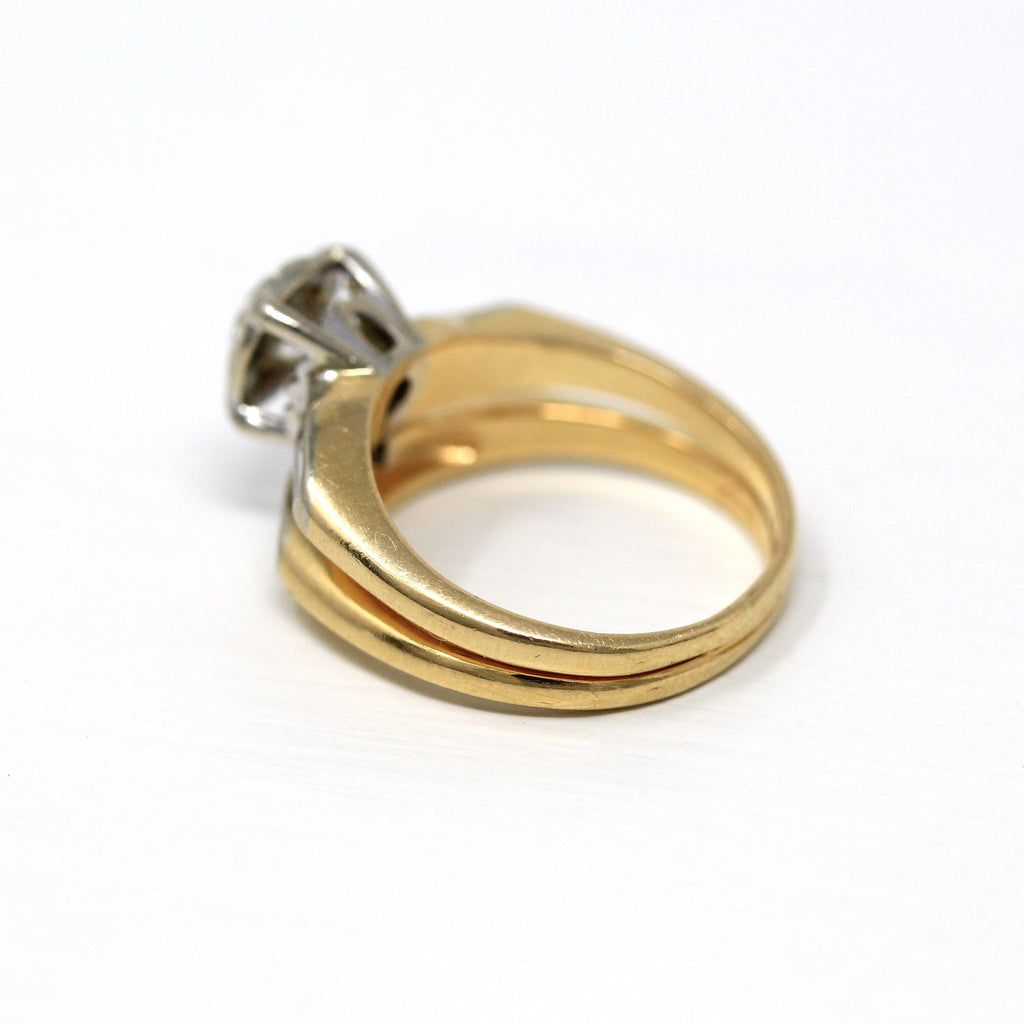 Wedding Ring Set - Retro 14k Yellow & White Gold Genuine .45 CT Diamond Gem - Vintage Circa 1940s Era Size 5 1/4 Bridal Set 40s Fine Jewelry