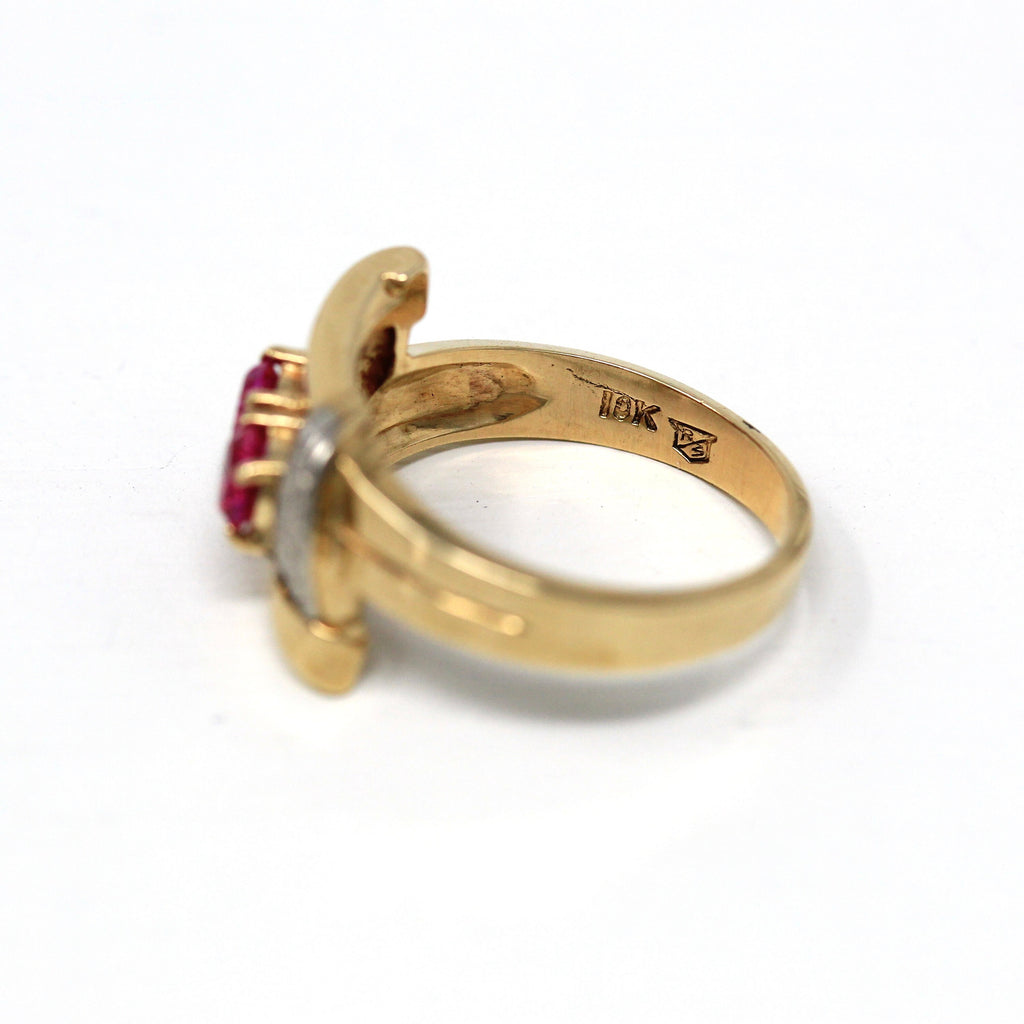 Created Ruby Ring - Vintage Retro Era 10k Yellow & White Gold Two Tone - Circa 1940s Toi Et Moi Size 5 3/4 July Birthstone 40s Fine Jewelry