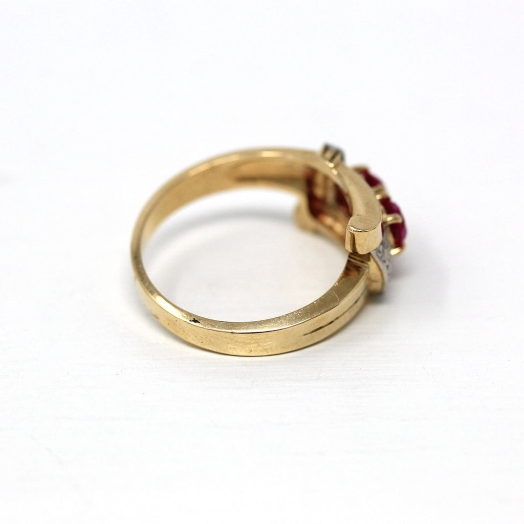 Created Ruby Ring - Vintage Retro Era 10k Yellow & White Gold Two Tone - Circa 1940s Toi Et Moi Size 5 3/4 July Birthstone 40s Fine Jewelry