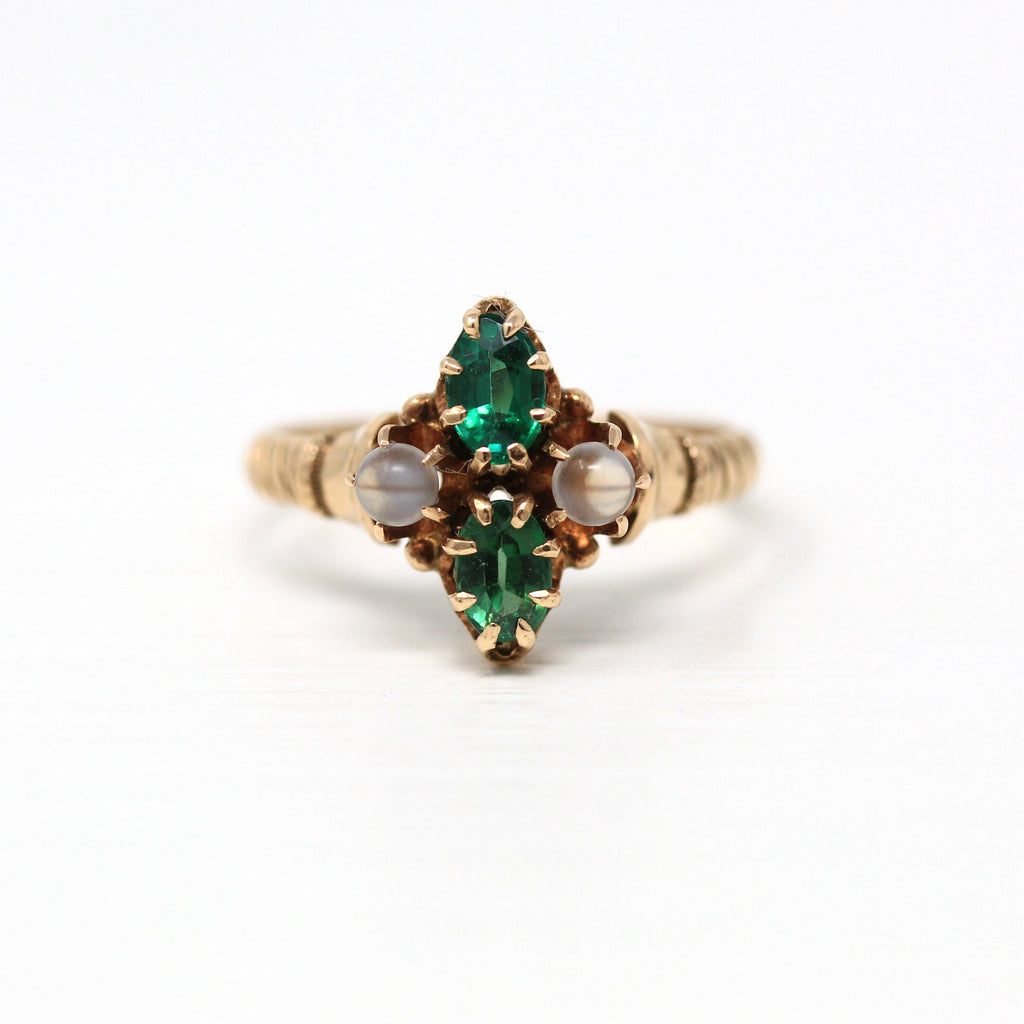 Antique Moonstone Ring - Victorian Era 10k Yellow Gold Green Garnet Doublets - Vintage Circa 1890s Size 6.25 Genuine Gemstone Fine Jewelry