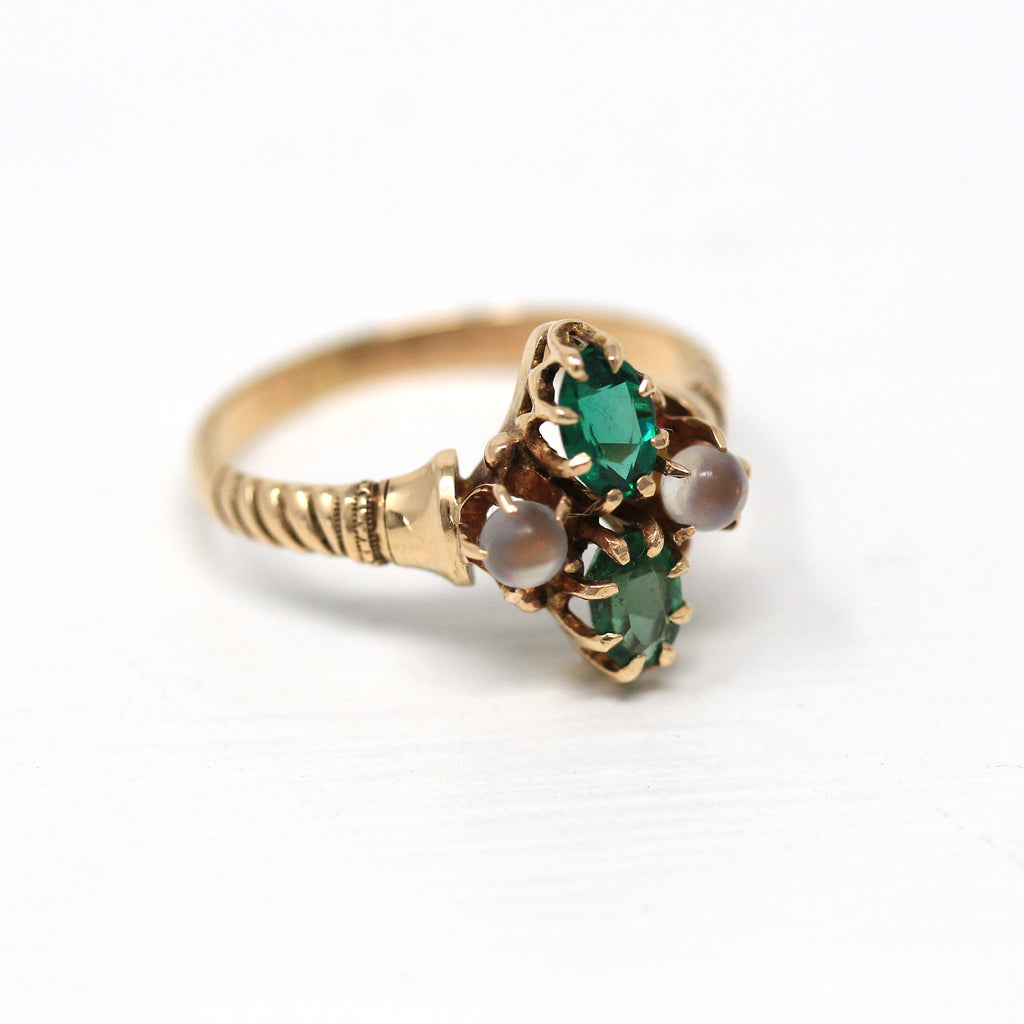 Antique Moonstone Ring - Victorian Era 10k Yellow Gold Green Garnet Doublets - Vintage Circa 1890s Size 6.25 Genuine Gemstone Fine Jewelry