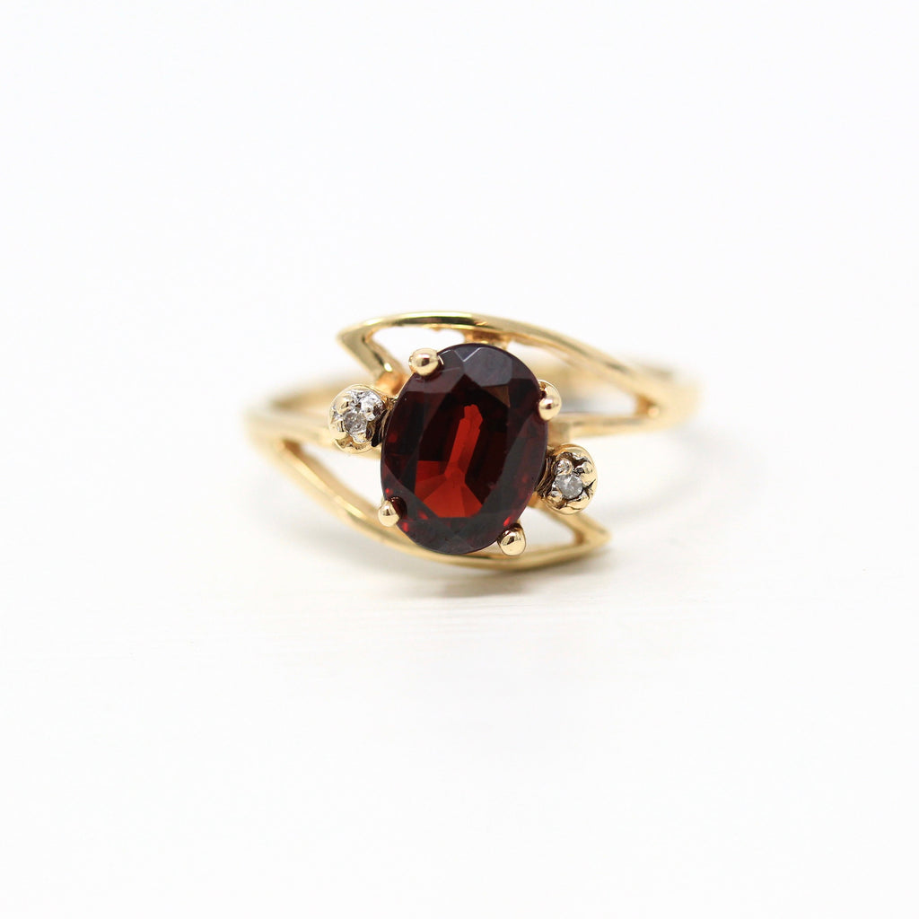 Genuine Garnet Ring - Vintage 10k Yellow Gold Oval Faceted Red 1.27 CT Gemstone - Circa 1990s Size 5.5 January Bypass Style Fine 90s Jewelry