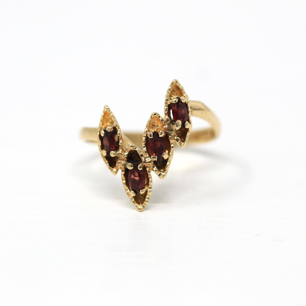 Genuine Garnet Ring - Retro 14k Yellow Gold Marquise Cut Red Gemstones - Vintage Circa 1970s Era Size 4 3/4 Curved "V" Shape Fine Jewelry