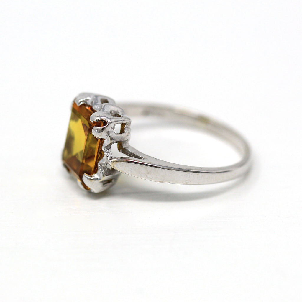 Created Yellow Sapphire Ring - Mid Century 10k White Gold Faceted 1.69 CT Stone - Vintage Circa 1950s Era Size 5 3/4 Fine Solitaire Jewelry