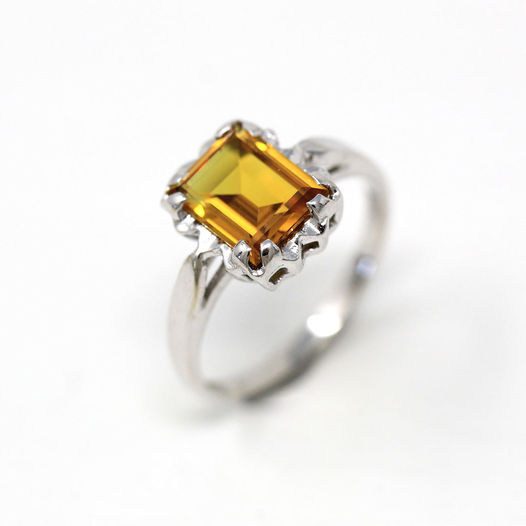 Created Yellow Sapphire Ring - Mid Century 10k White Gold Faceted 1.69 CT Stone - Vintage Circa 1950s Era Size 5 3/4 Fine Solitaire Jewelry