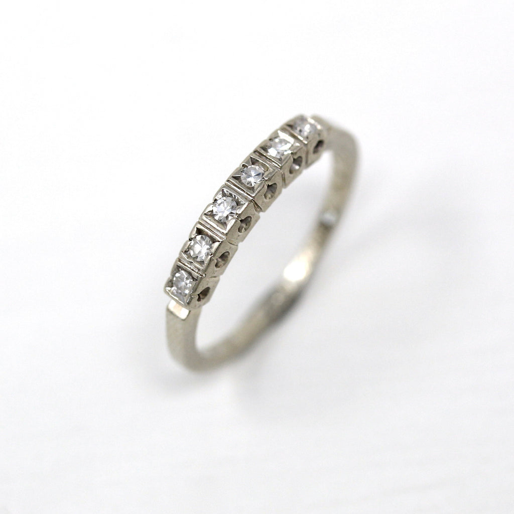 Dated 1957 Band - Mid Century 14k White Gold .12 CTW Single Cut Diamonds Ring - Vintage "A.J.G. to W.M. 6-1-57" Size 6 1/4 Wedding Jewelry