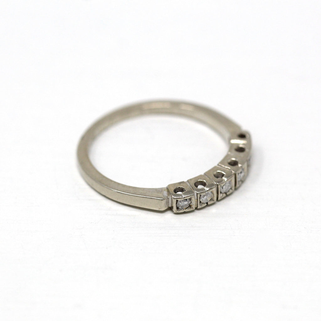 Dated 1957 Band - Mid Century 14k White Gold .12 CTW Single Cut Diamonds Ring - Vintage "A.J.G. to W.M. 6-1-57" Size 6 1/4 Wedding Jewelry