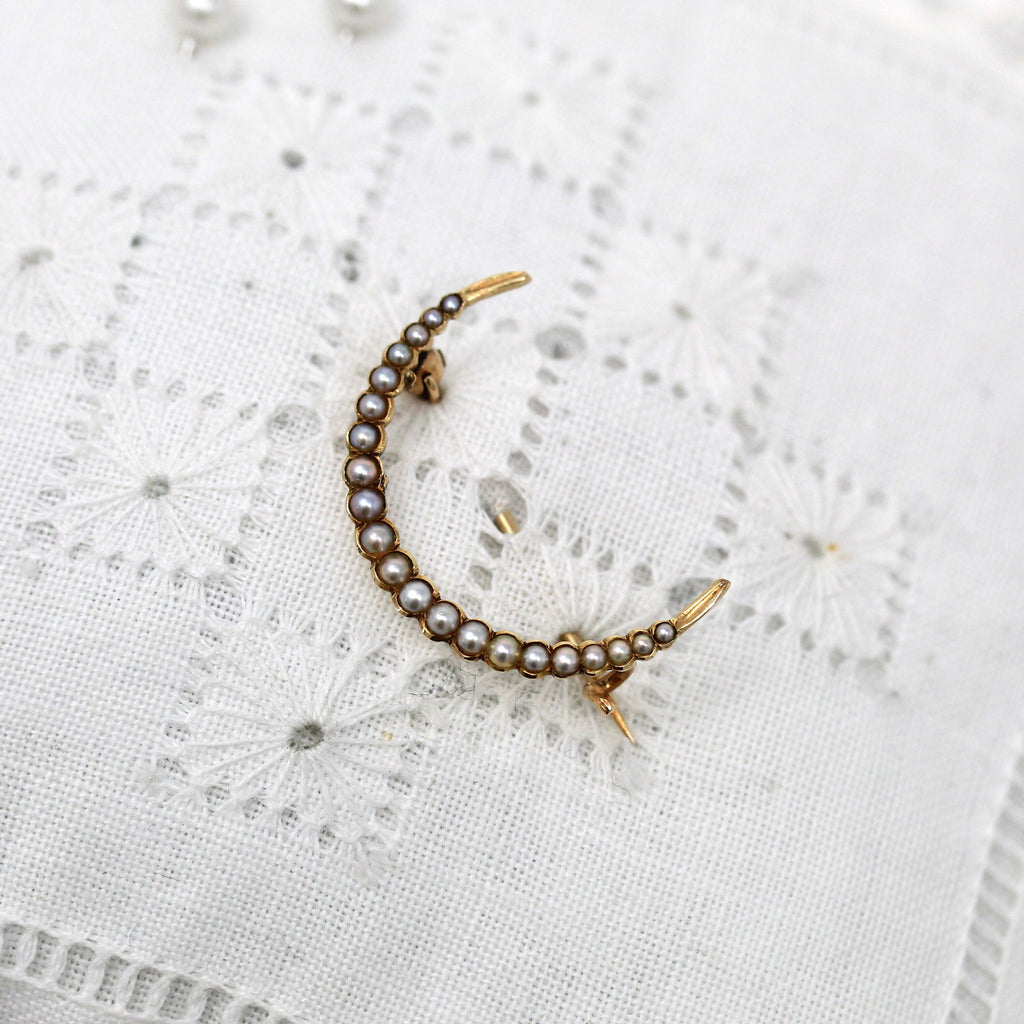 Antique Moon Brooch - Edwardian Era 14k Yellow Gold Genuine Seed Pearl Gemstone - Vintage Circa 1910s Crescent Celestial June Jewelry