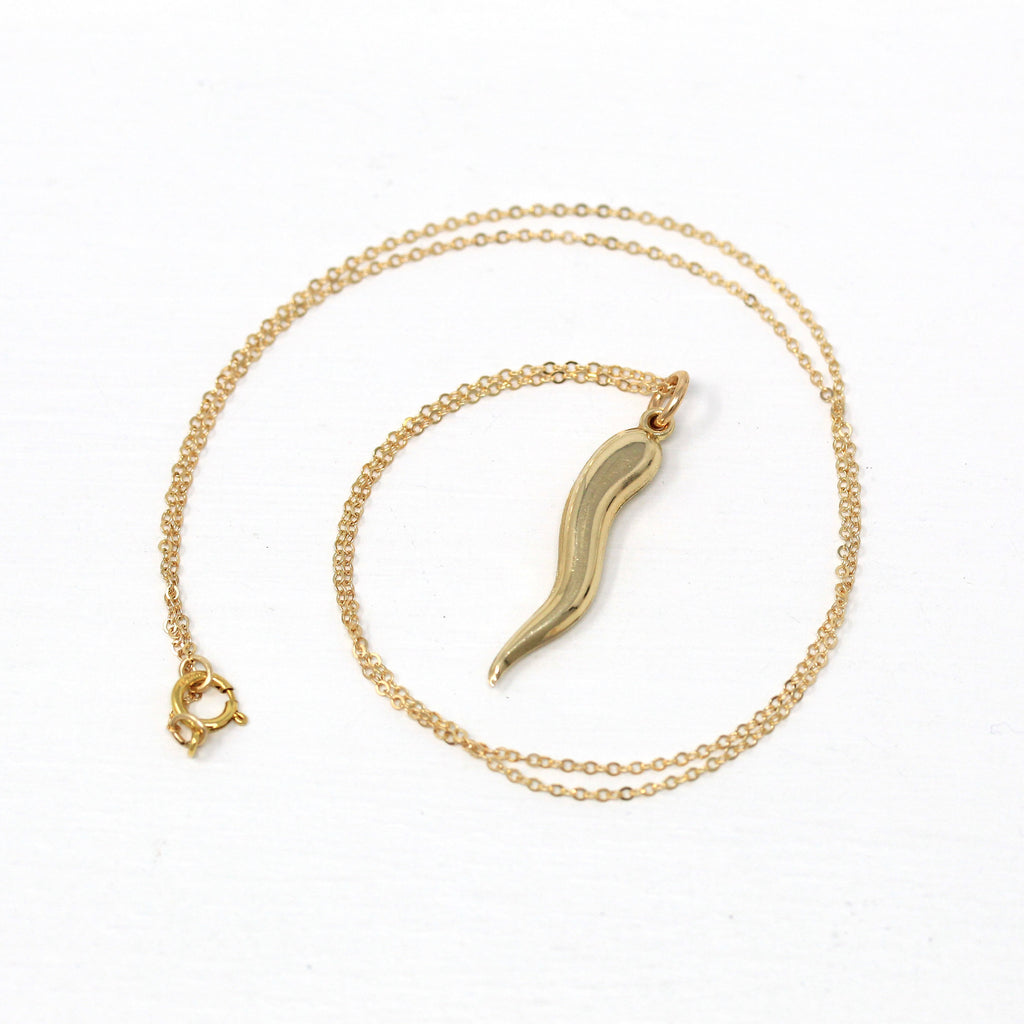 Italian Horn Charm - Retro 14k Yellow Gold Italy Cornicello Good Luck Pendant Necklace - Vintage Circa 1970s Ward Off Evil Amulet Jewelry
