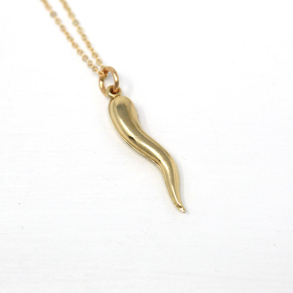 Italian Horn Charm - Retro 14k Yellow Gold Italy Cornicello Good Luck Pendant Necklace - Vintage Circa 1970s Ward Off Evil Amulet Jewelry