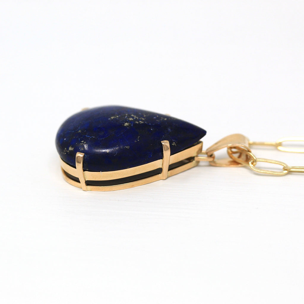 Lapis Lazuli Necklace - Retro 14k Yellow Gold 17.21 CT Genuine Blue Cabochon Gem - Vintage Circa 1970s Era Statement Fine 70s Jewelry