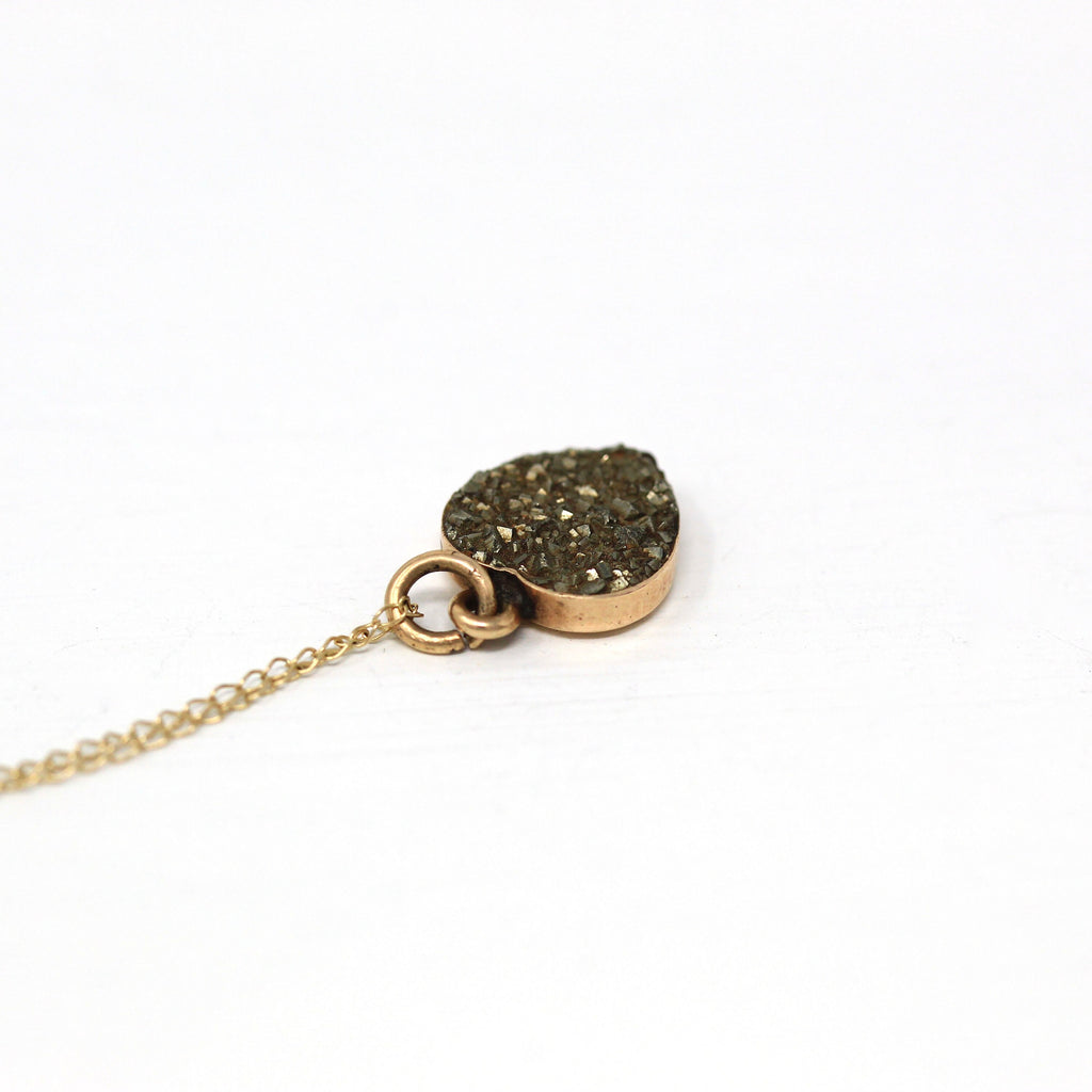 Pyrite Heart Charm - Edwardian 10k Yellow Gold Genuine Druzy Crystal Pendant Necklace - Antique Circa 1900s Era Dainty Love Sparkly Jewelry