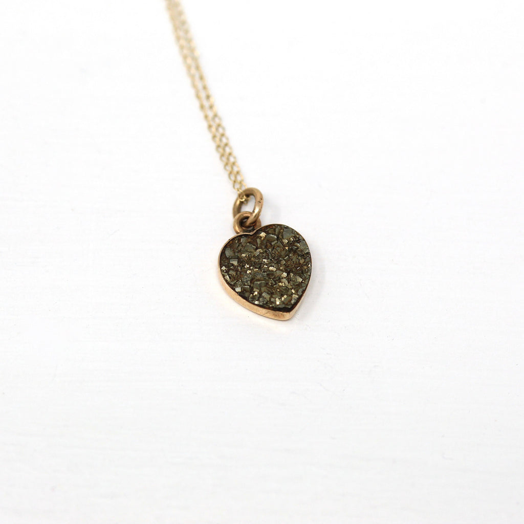 Pyrite Heart Charm - Edwardian 10k Yellow Gold Genuine Druzy Crystal Pendant Necklace - Antique Circa 1900s Era Dainty Love Sparkly Jewelry