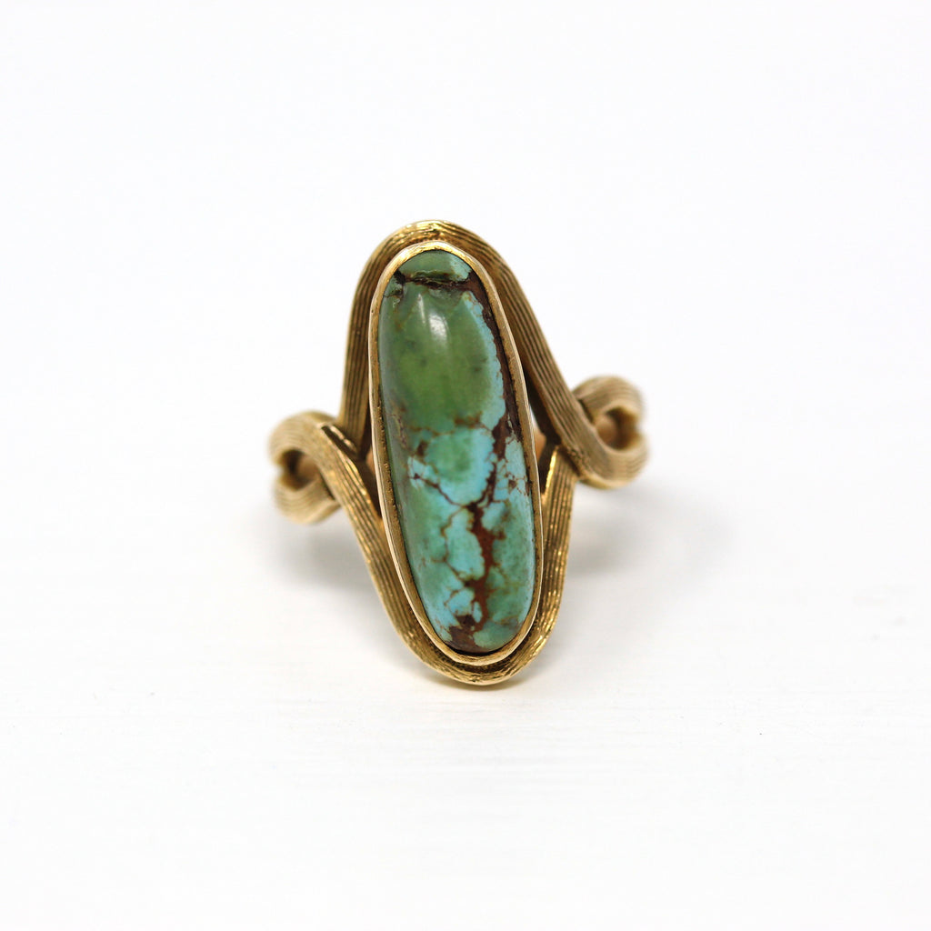 Edwardian Turquoise Ring - Antique 14k Yellow Gold Genuine Blue Gemstone Cabochon - Vintage Size 4 Art Nouveau Fine Oval Jewelry