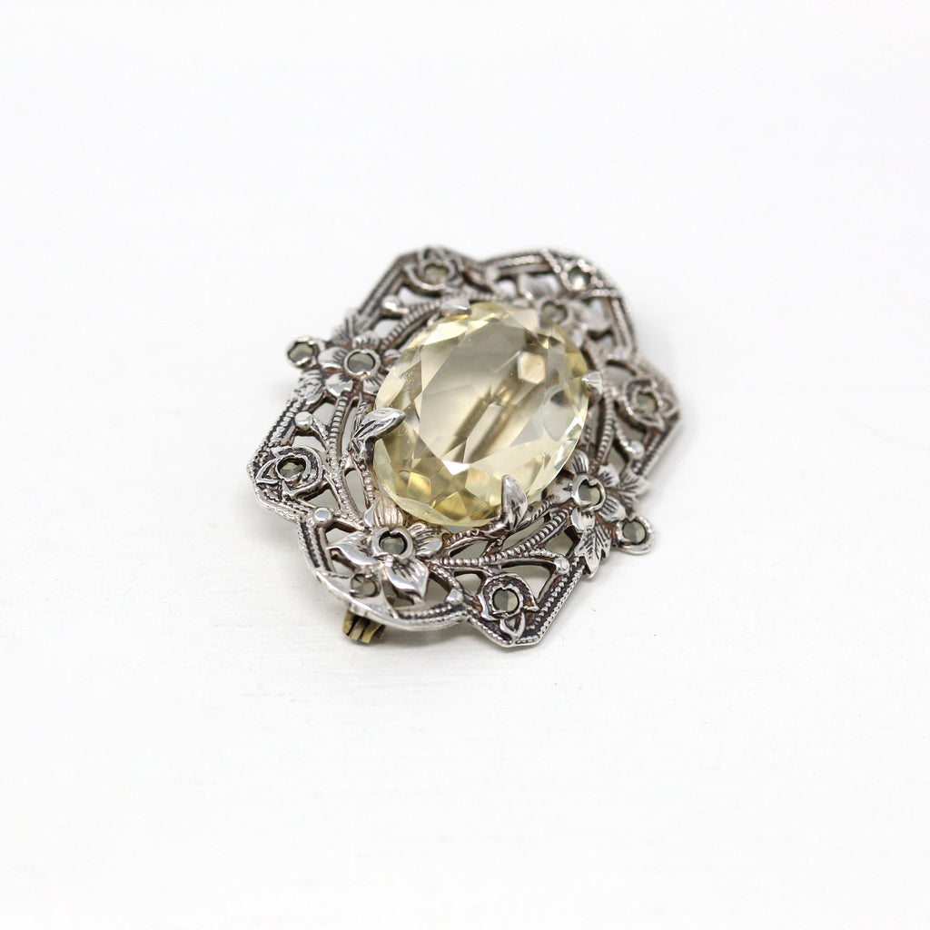 Genuine Citrine Brooch - Art Deco Sterling Silver Oval 7.59 CT Gem Marcasite Pin - Vintage Circa 1930s Era Flower Fashion Accessory Jewelry