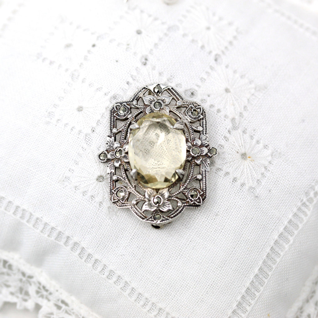 Genuine Citrine Brooch - Art Deco Sterling Silver Oval 7.59 CT Gem Marcasite Pin - Vintage Circa 1930s Era Flower Fashion Accessory Jewelry