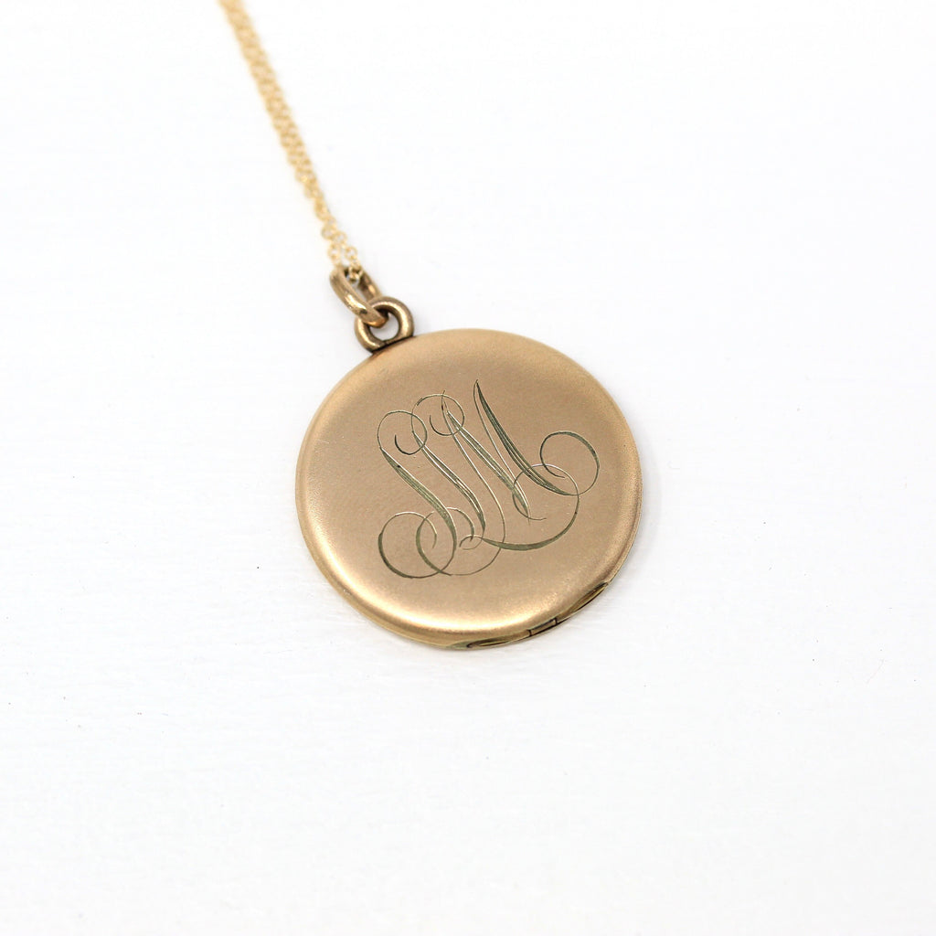 Monogrammed "SLM" Locket - Edwardian Gold Filled Round Engraved Photo Pendant Necklace - Antique Circa 1900s Era Photograph Keepsake Jewelry