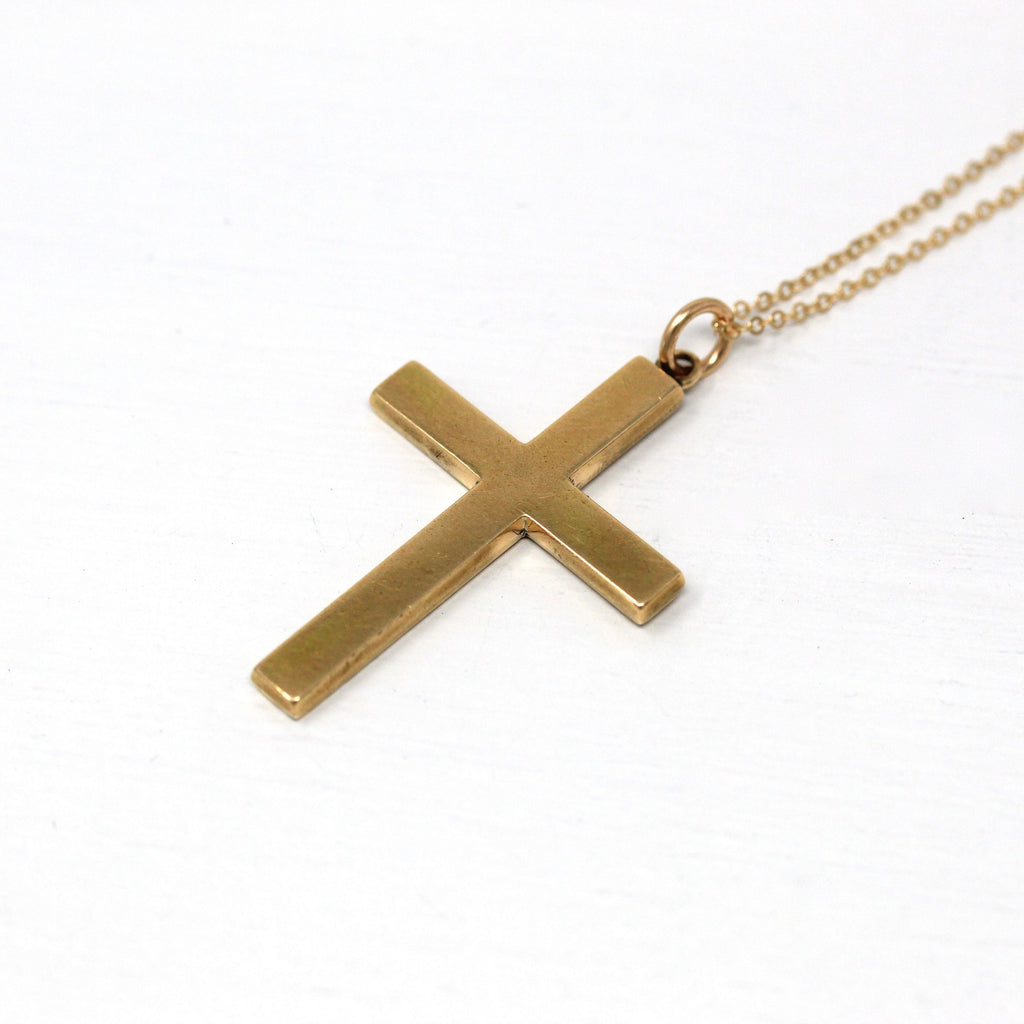 Vintage Cross Necklace - Retro Gold Filled Engraved Initials "K.S." Designs Pendant Charm - Circa 1940s Era Religious Faith 40s Jewelry