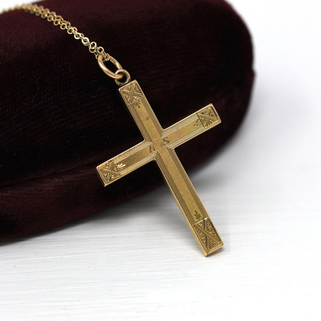 Vintage Cross Necklace - Retro Gold Filled Engraved Initials "K.S." Designs Pendant Charm - Circa 1940s Era Religious Faith 40s Jewelry