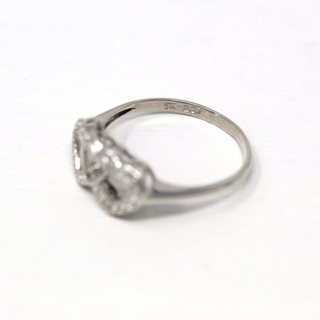 Double Heart Ring - Mid Century 10k White Gold Sweetheart Genuine Diamond Gem - Vintage Circa 1950s Era Size 5 1/4 Promise Fine 50s Jewelry